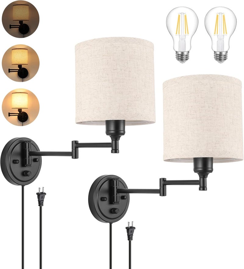 GOODATE ENCOMLI Dimmable Plug in Wall Sconces, Swing Arm Wall Lamp, Wall Sconces Set of Two, Plug in Wall Light, Sconces Wall Decor Set of 2, Linen Fabric Shade, 2pcs Bulbs Included - Image 1
